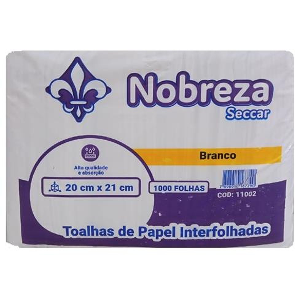 Papel Toalha Interfolhado 100% Celulose 2 Dobras 21X22 1000 Folhas Realeza.