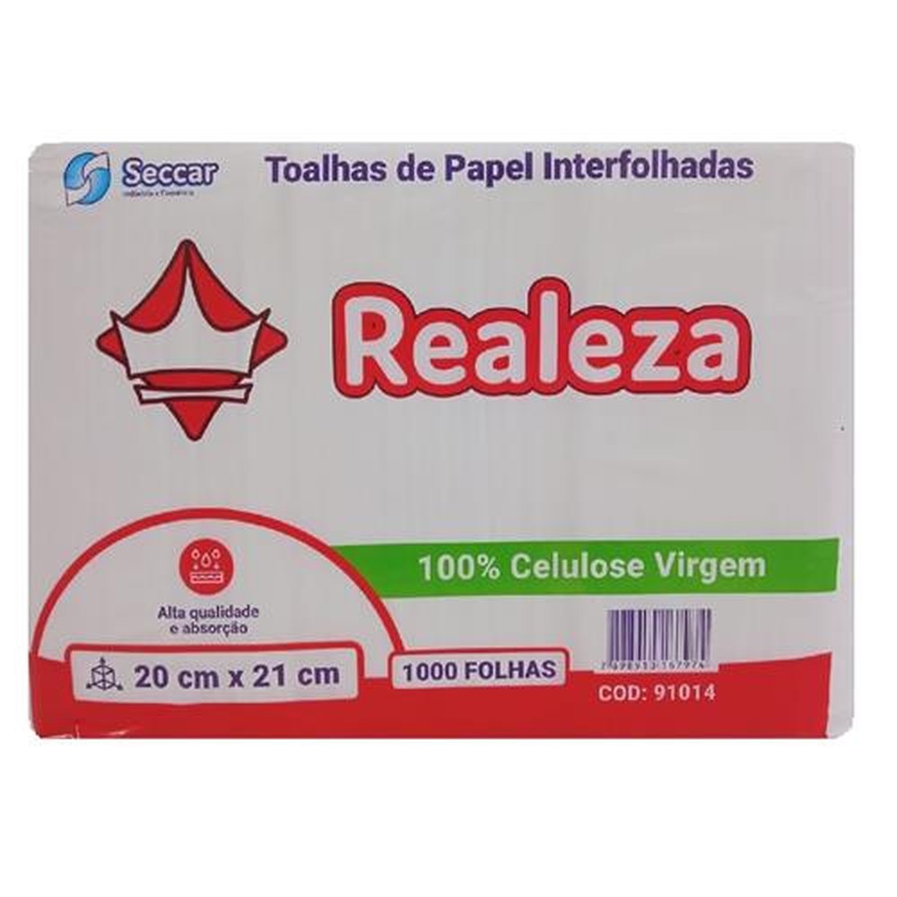 Papel Toalha Interfolhado 100% Celulose 2 Dobras 20X21 1000 Folhas Realeza.