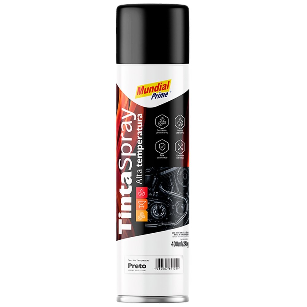 Tinta Spray Mundial Prime Alta Temperatura Preto Fosco 400ml