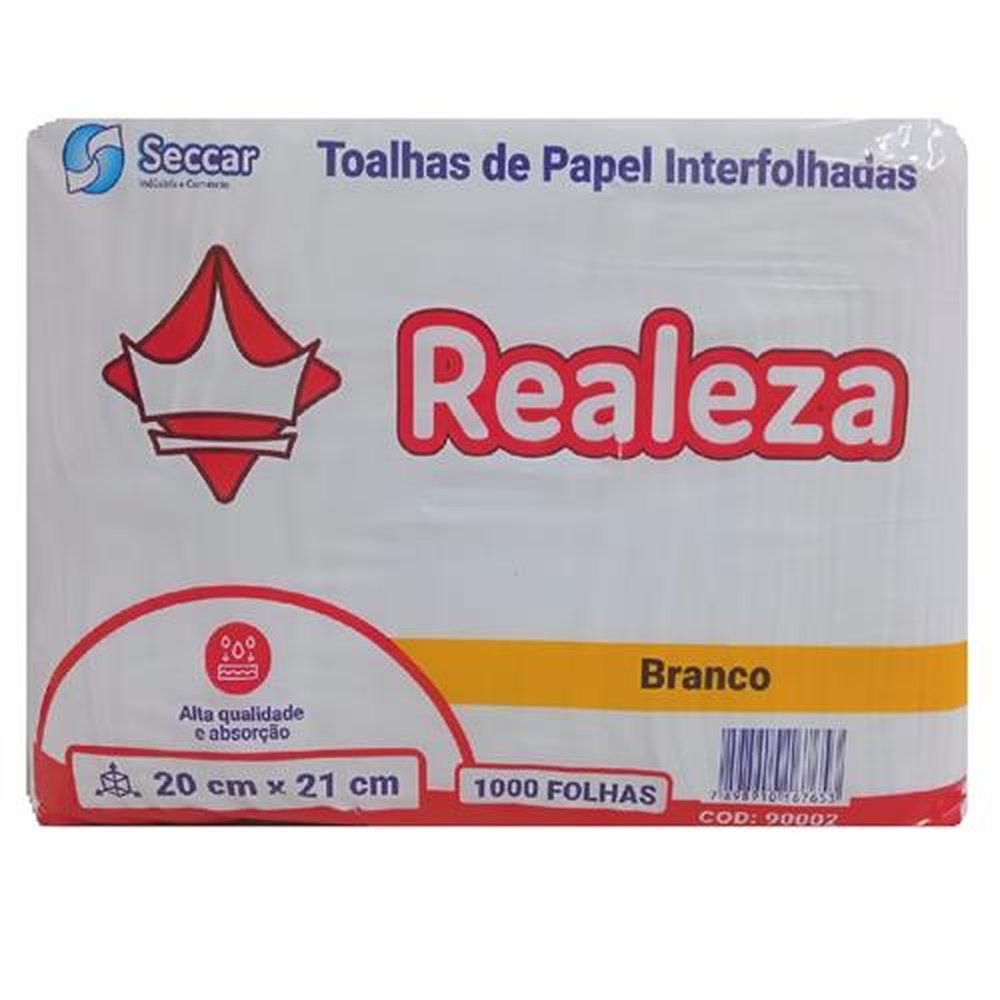 Papel Toalha Branco Interfolhado 2 Dobras 20X21 1000 Folhas Realeza.