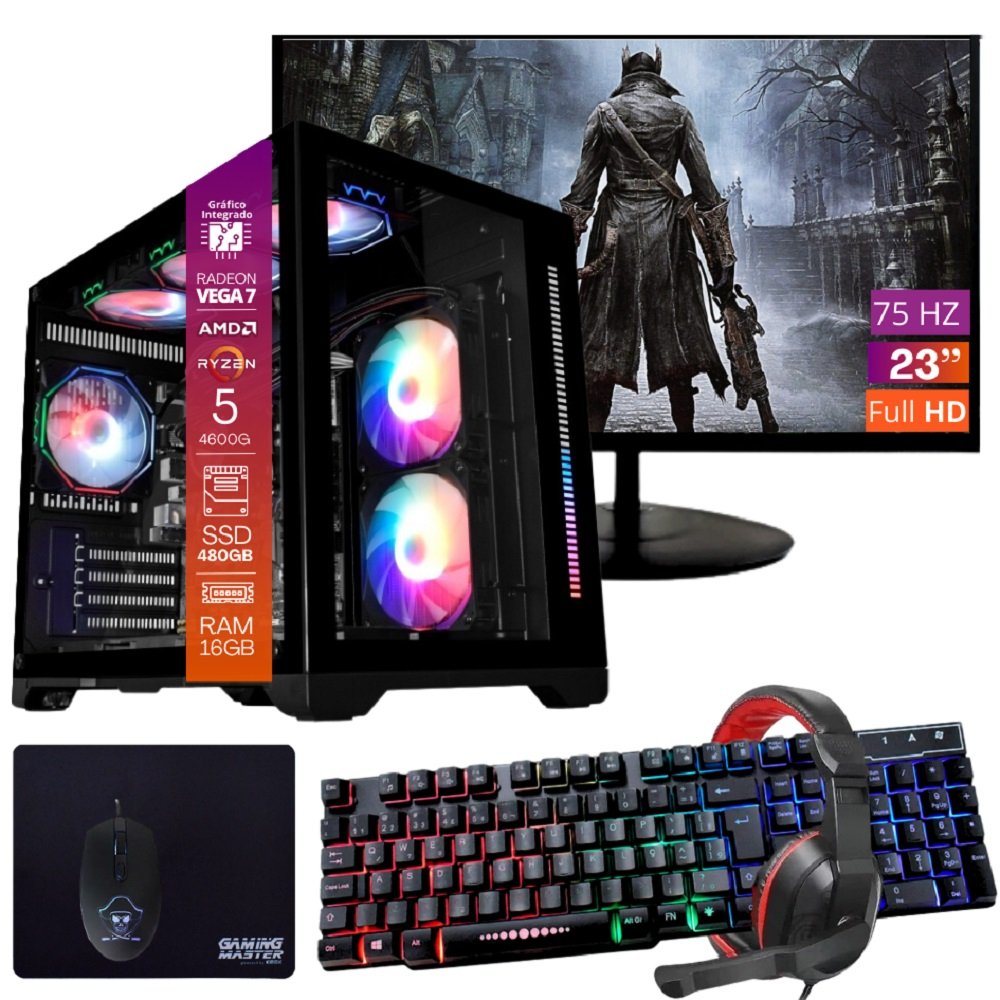 Computador Gamer Tob Ryzen 5 4600G SSD 480GB 16GB Windows 10 Pro Trial + Teclado/Mouse + Mouse Pad + Headset gamer + Monitor 23