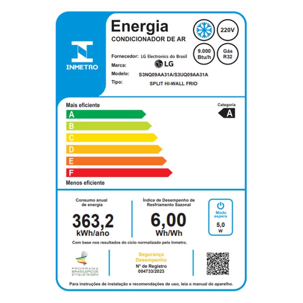 Ar Condicionado Split 9.000 BTUs LG S3-Q09AA31A - Ciclo Frio, Dual Inverter, Wi-Fi com Voice + IA, Branco, 220V