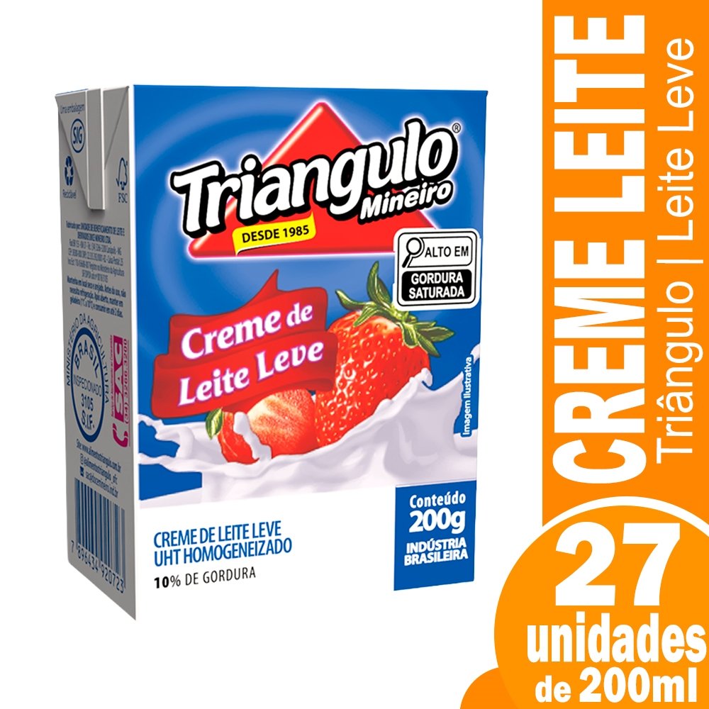 Creme de Leite Triângulo - Leve com 10% de Gordura UHT 200g - Embalagem com 27 Unidades