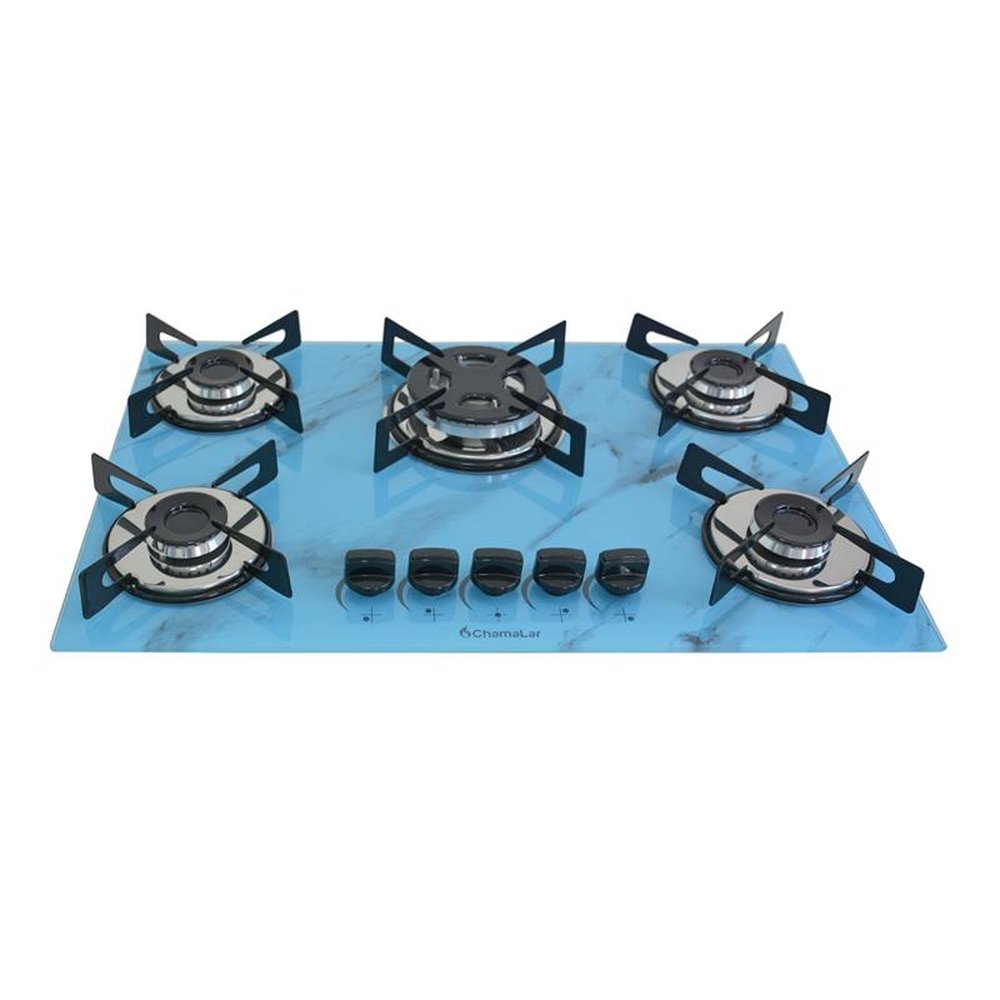 Fogao Cooktop Premium Trempre Chapa Gas Chamalar 5 Bocas Tripla Chama 127/220v Marmorizado Azul
