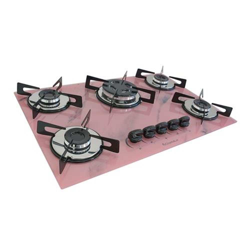 Fogao Cooktop Premium Trempre Chapa Gas Chamalar 5 Bocas Tripla Chama 127/220v Marmorizado Rosa