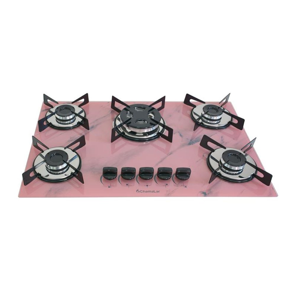 Fogao Cooktop Premium Trempre Chapa Gas Chamalar 5 Bocas Tripla Chama 127/220v Marmorizado Rosa