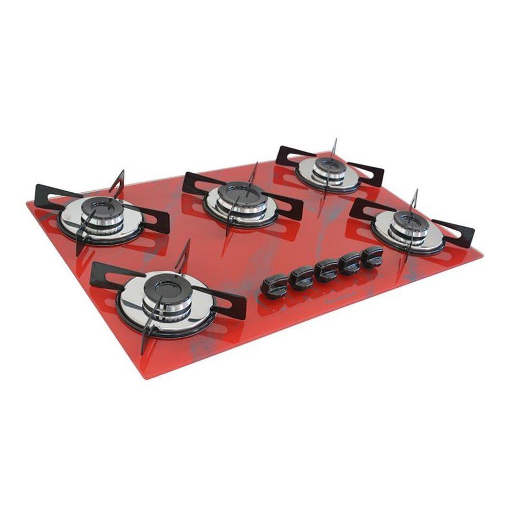 Fogao Cooktop Premium Trempre Chapa Gas Chamalar 5 Bocas Ultra Chama 127/220v Marmorizado Vermelho