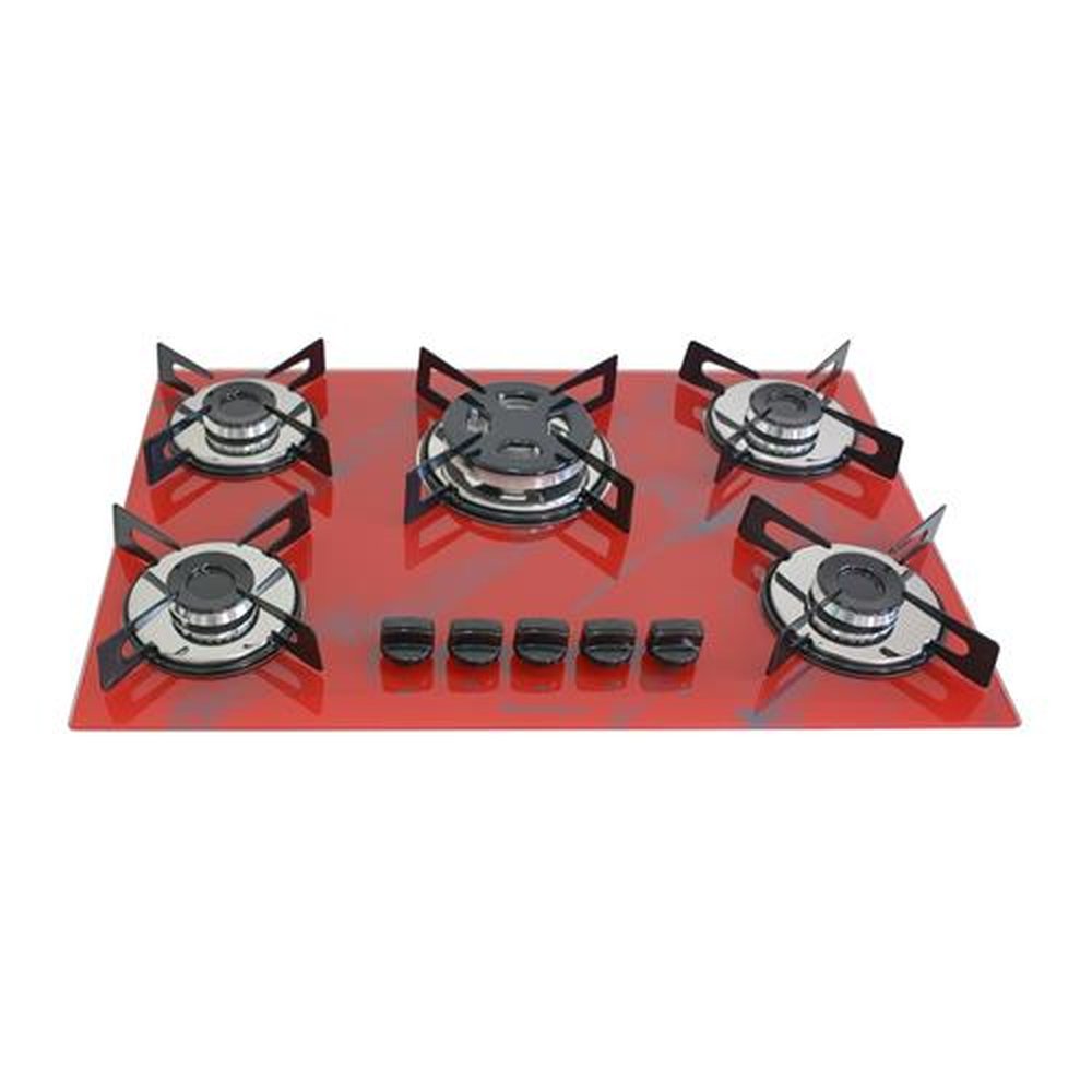 Fogao Cooktop Premium Trempre Chapa Gas Chamalar 5 Bocas Tripla Chama 127/220v Marmorizado Vermelho