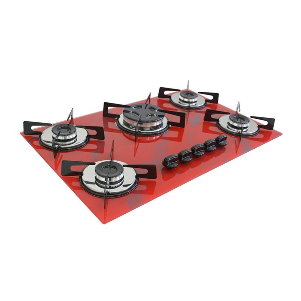 Fogao Cooktop Premium Trempre Chapa Gas Chamalar 5 Bocas Tripla Chama 127/220v Marmorizado Vermelho