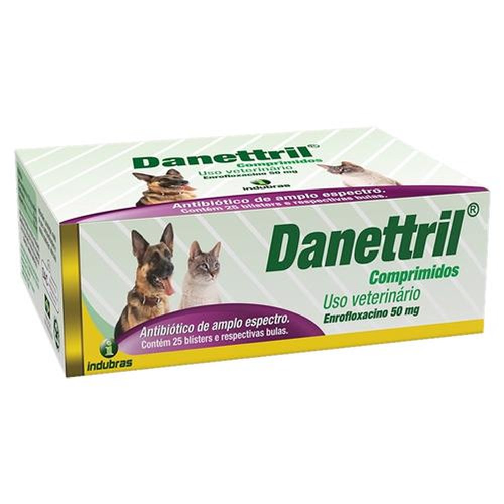 Danettril Antibiótico Indubras 50mg - Embalagem com 25 Blíster e 10 comprimidos cada