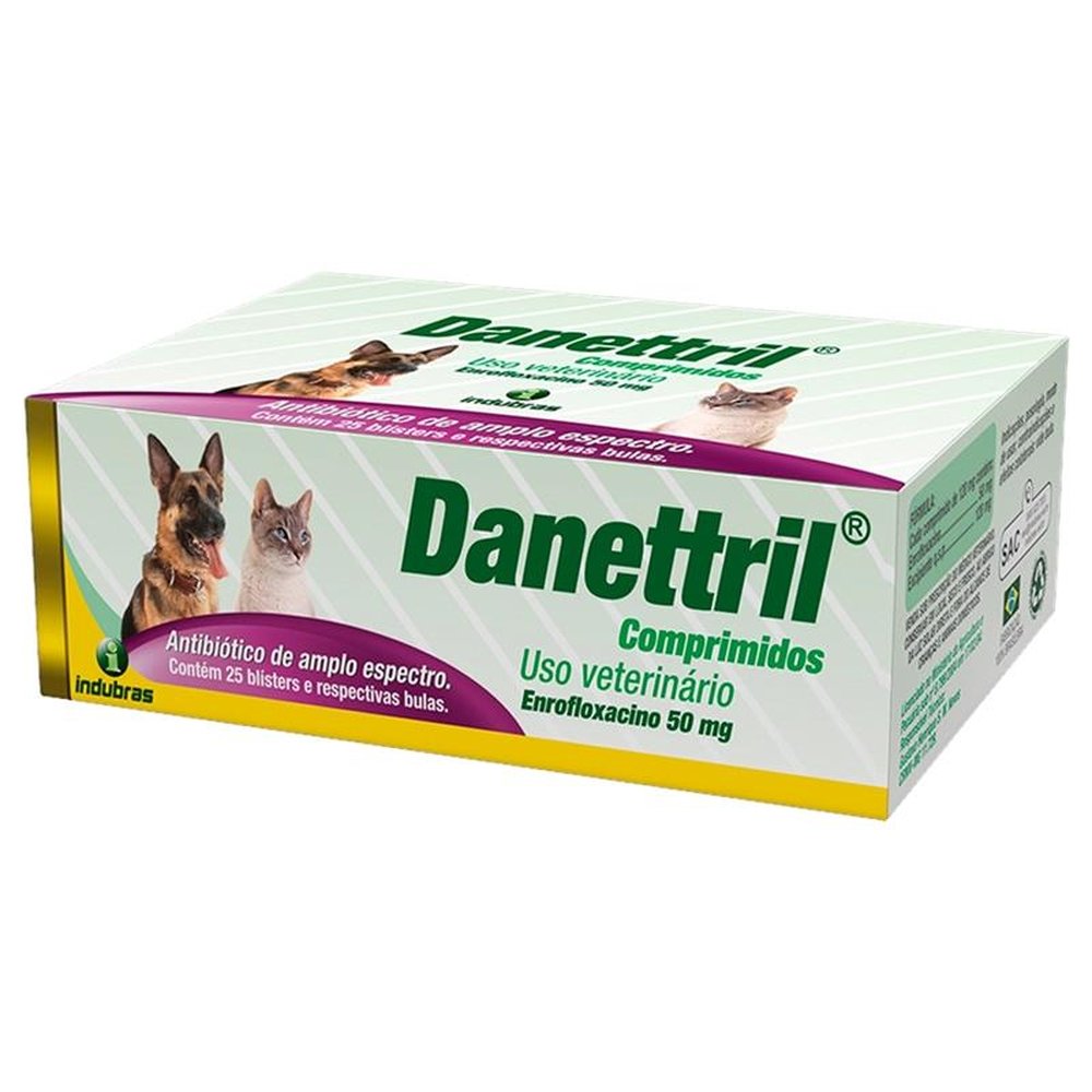 Danettril Antibiótico Indubras 50mg - Embalagem com 25 Blíster e 10 comprimidos cada