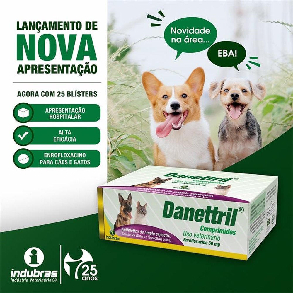 Danettril Antibiótico Indubras 50mg - Embalagem com 25 Blíster e 10 comprimidos cada