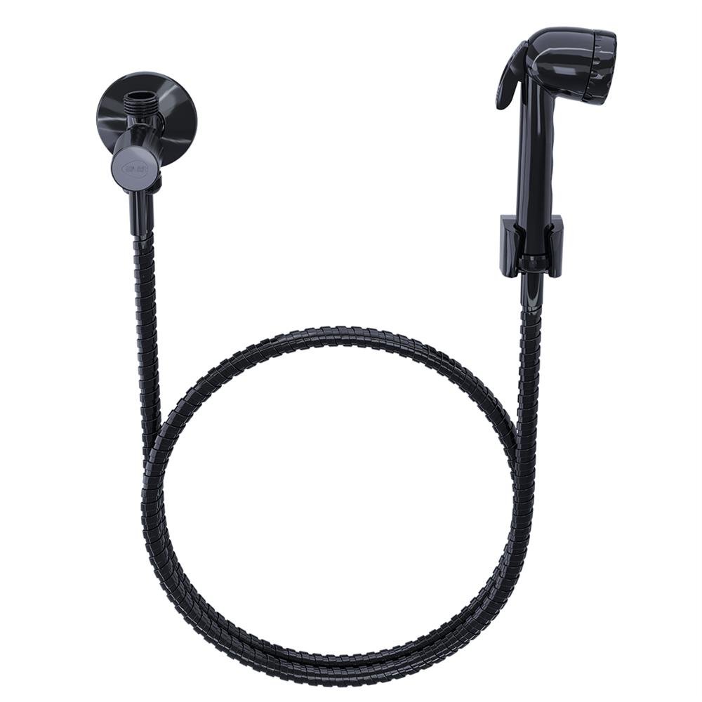 Kit Ducha Luxo Black Com Crivo Black E Registro Desviador 1/4 De Volta Abs Black Com Flex Inox 1,20m