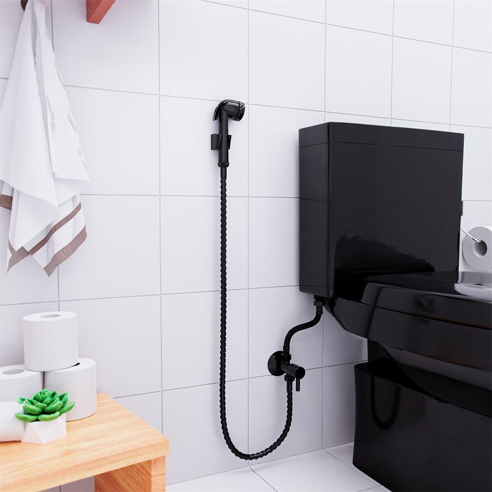 Kit Ducha Luxo Black Com Crivo Black E Registro Desviador 1/4 De Volta Abs Black Com Flex Inox 1,20m