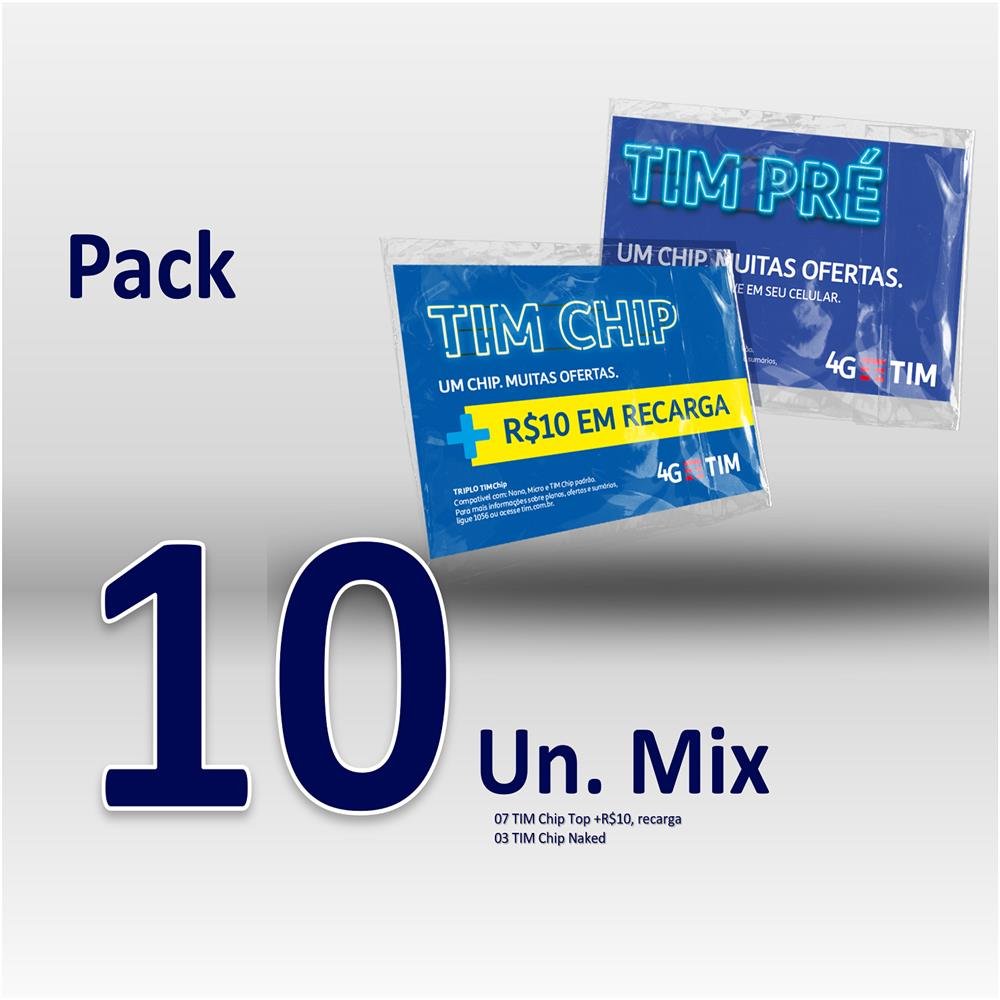 Chip TIM Pré-Pago - Pack 10 Chips (3 Sem Recarga + 7 Com Recarga R$ 10,00)