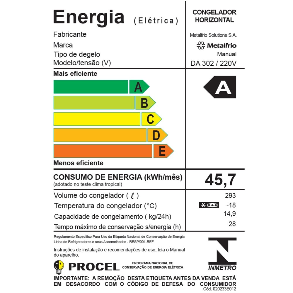 Freezer e Refrigerador Horizontal Metalfrio 293 Litros, DA302, 220V