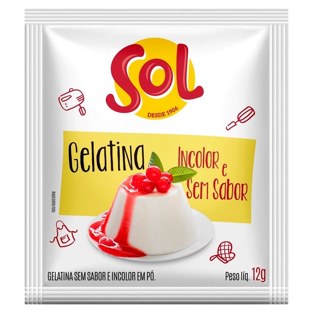Gelatina Incolor Sol sem Sabor - 4 Sachês de 12g - Embalagem com 15 Unidades