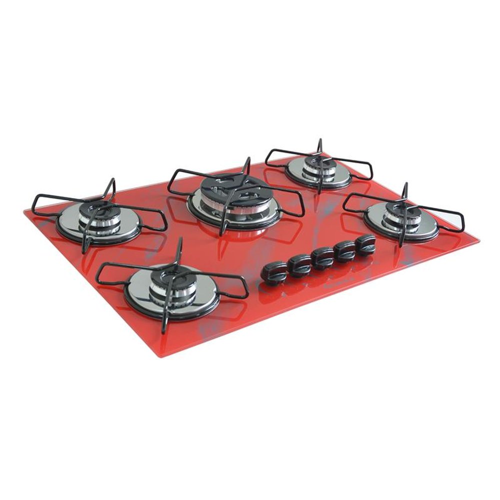 Fogao Cooktop Classic Gas Chamalar 5 Bocas Tripla Chama 127/220v Marmorizado Vermelho