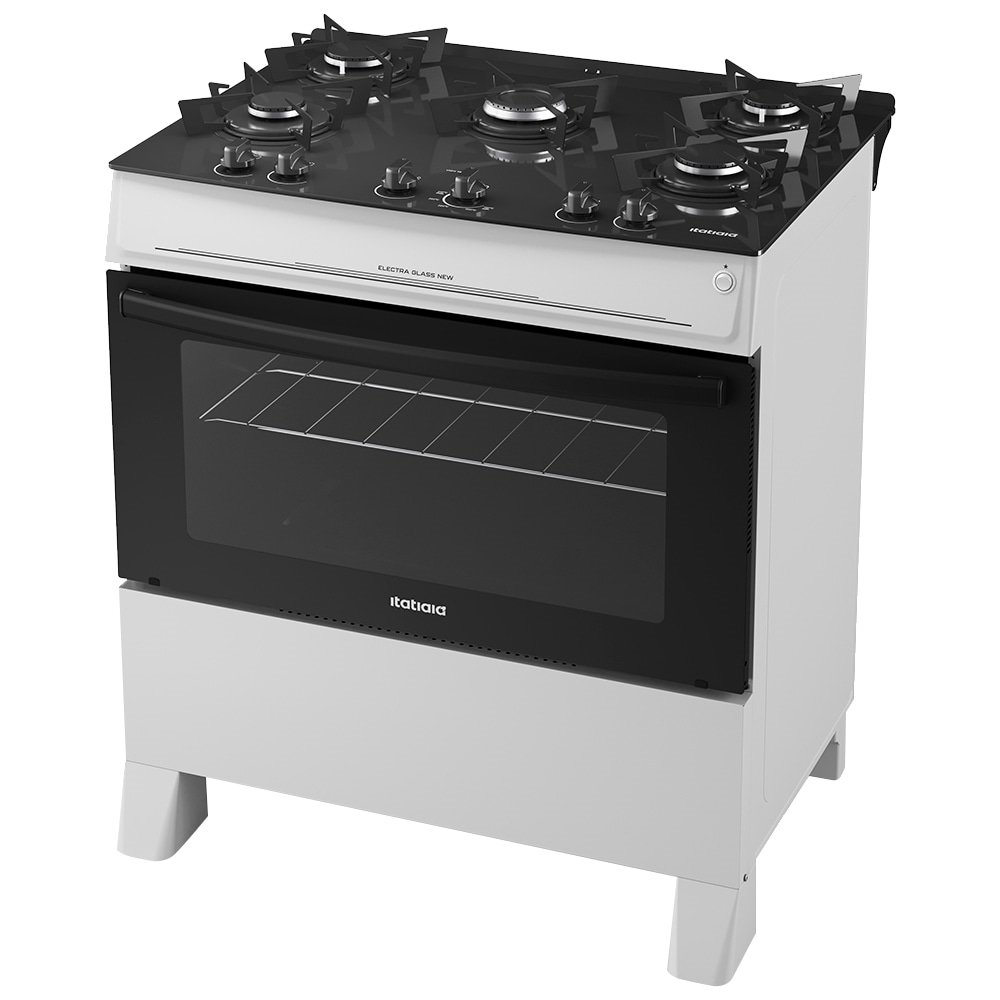 Fogão de Piso Itatiaia 5 Bocas Electra Glass New - Mesa em Vidro Temperado, Branco, Bivolt