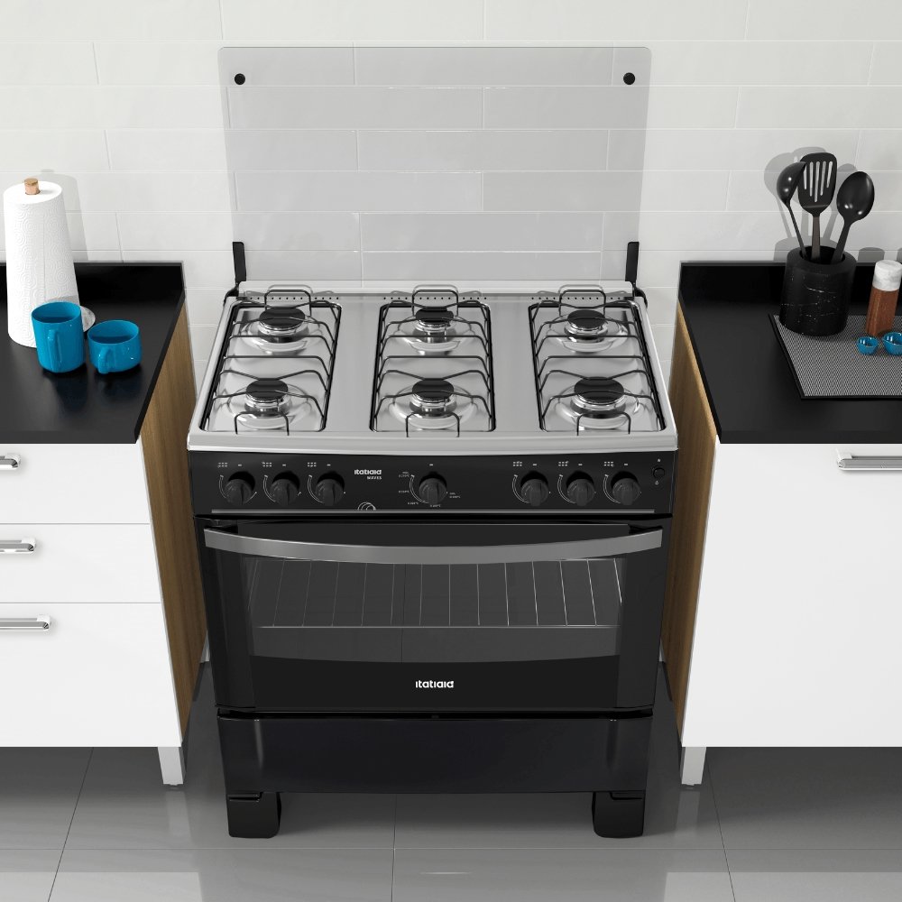 Fogão de Piso Itatiaia 6 Bocas Waves Mesa em Aço Inox Preto Bivolt