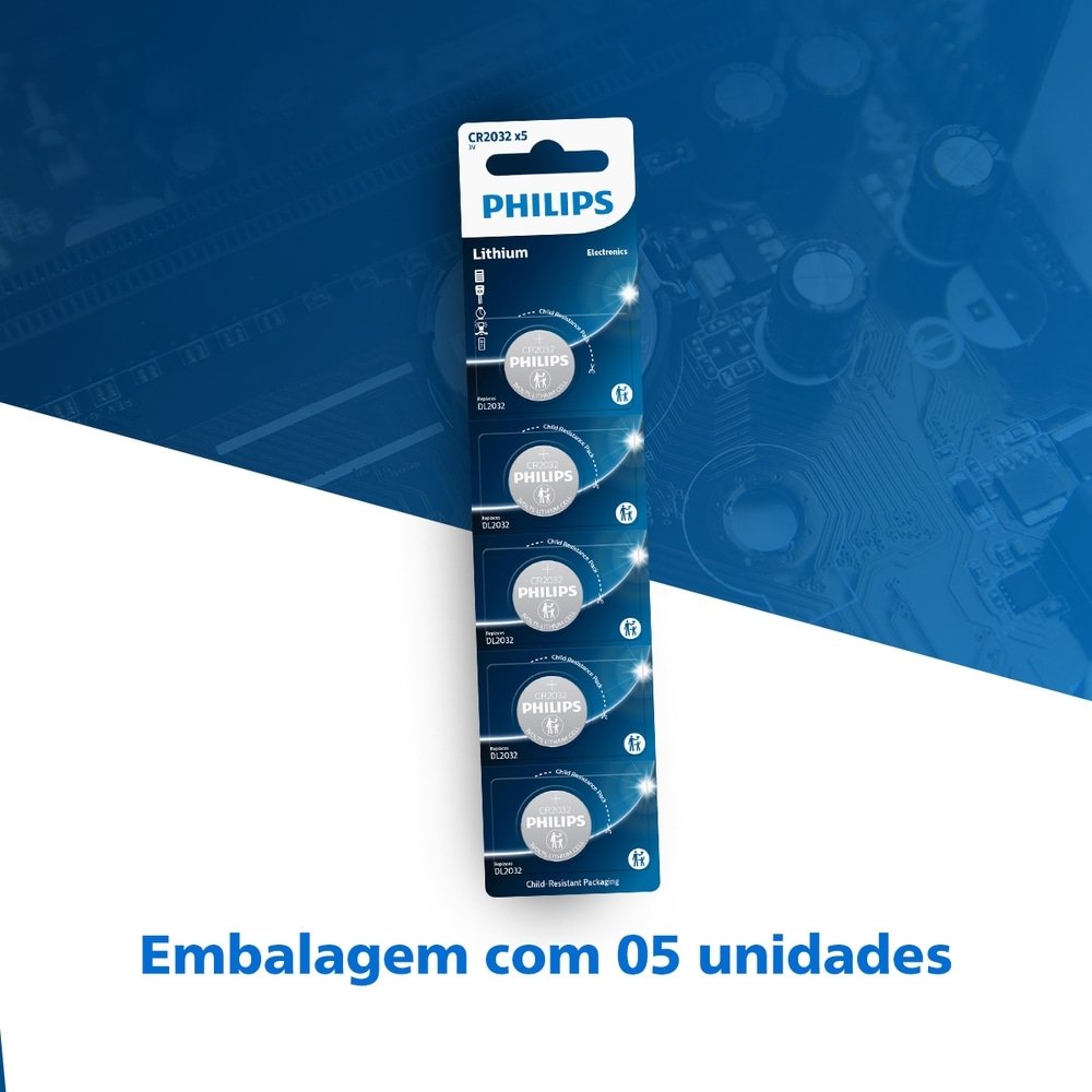 Bateria Moeda Philips Lítio CR2032P5B/59 3V - Embalagem com 5 Unidades