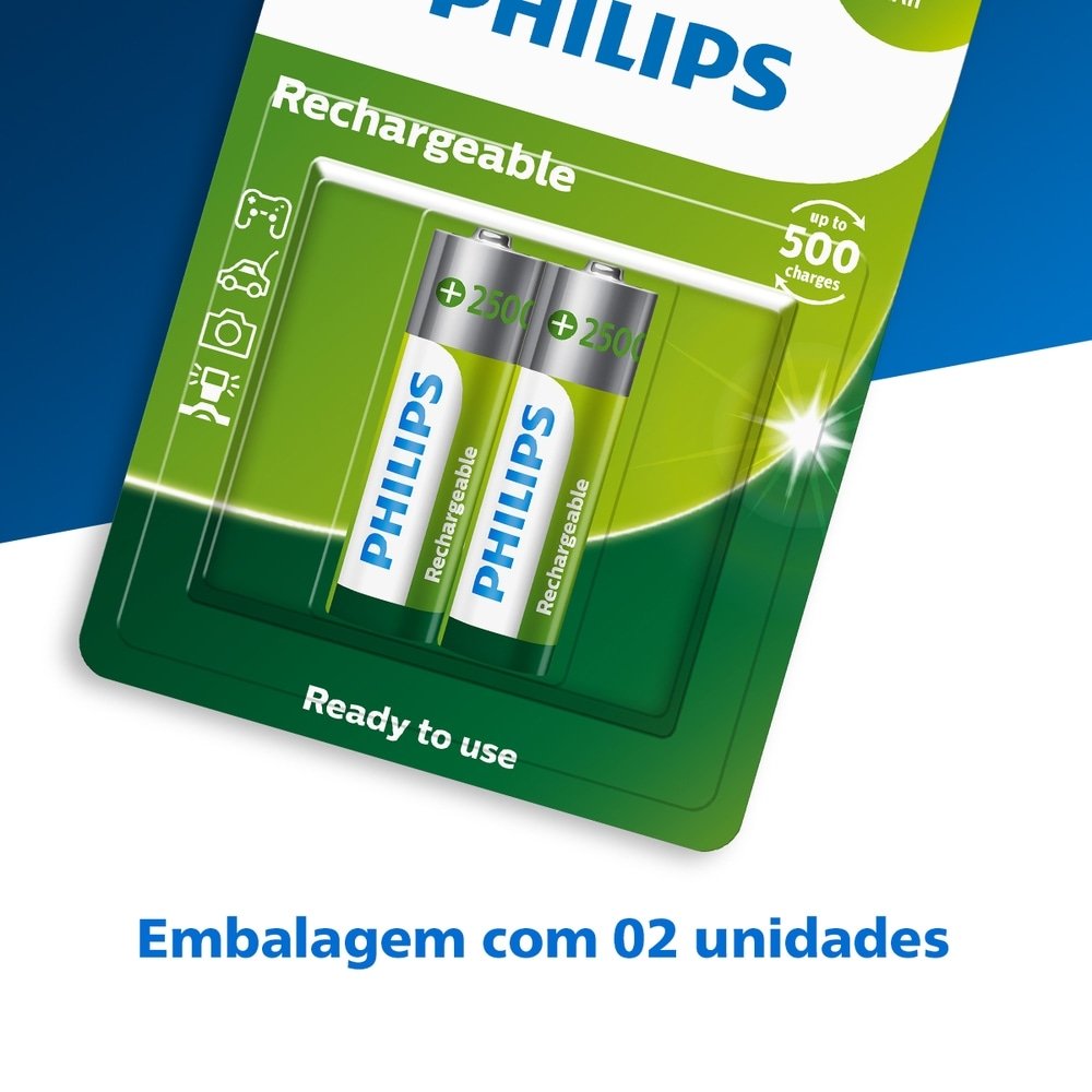 Pilha Philips AA Recarregável R6B2RTU25/59 1.2V - Embalagem com 2 Unidades
