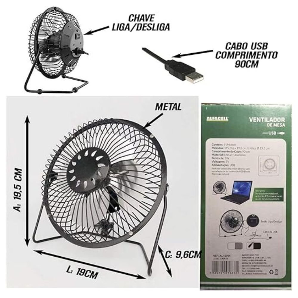 Ventilador de Mesa 6 Com Suporte de Ferro Usb 14cm Imporiente YI27002