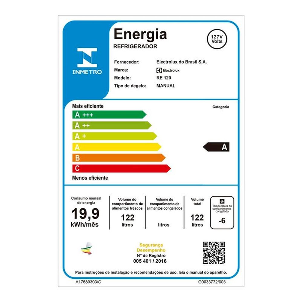 Frigobar Electrolux 122 Litros Branco RE120 - 127 Volts
