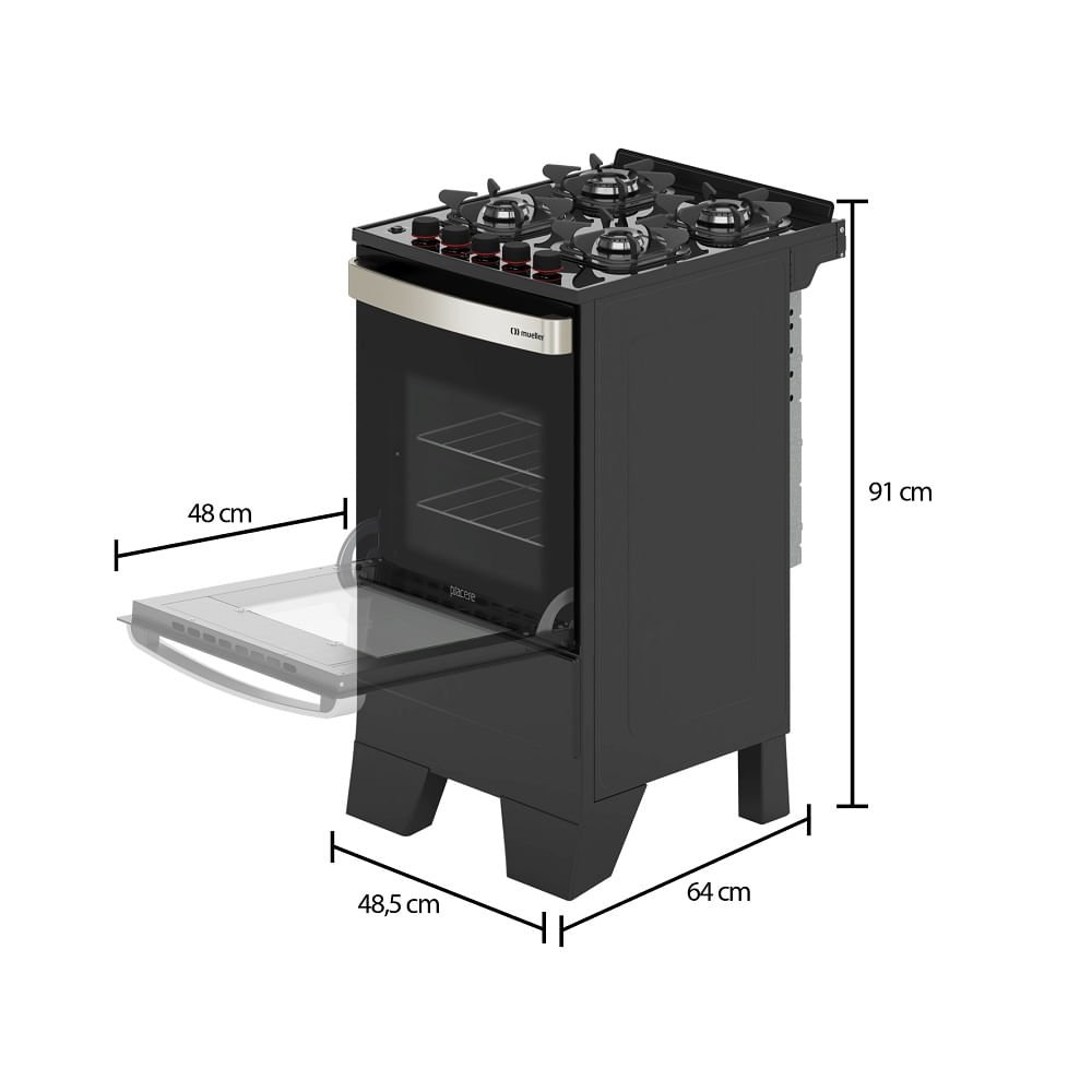 Fogão de Piso Mueller 4 Bocas Piacere Vetro Preto Fosco ¿ Bivolt