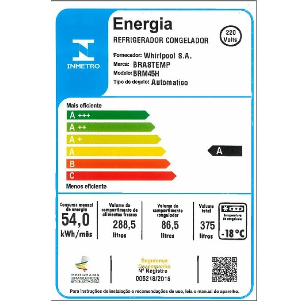 Refrigerador Brastemp Frost Free Duplex 375 Litros com Espaço Adapt Branco BRM45HB ¿ 220 Volts