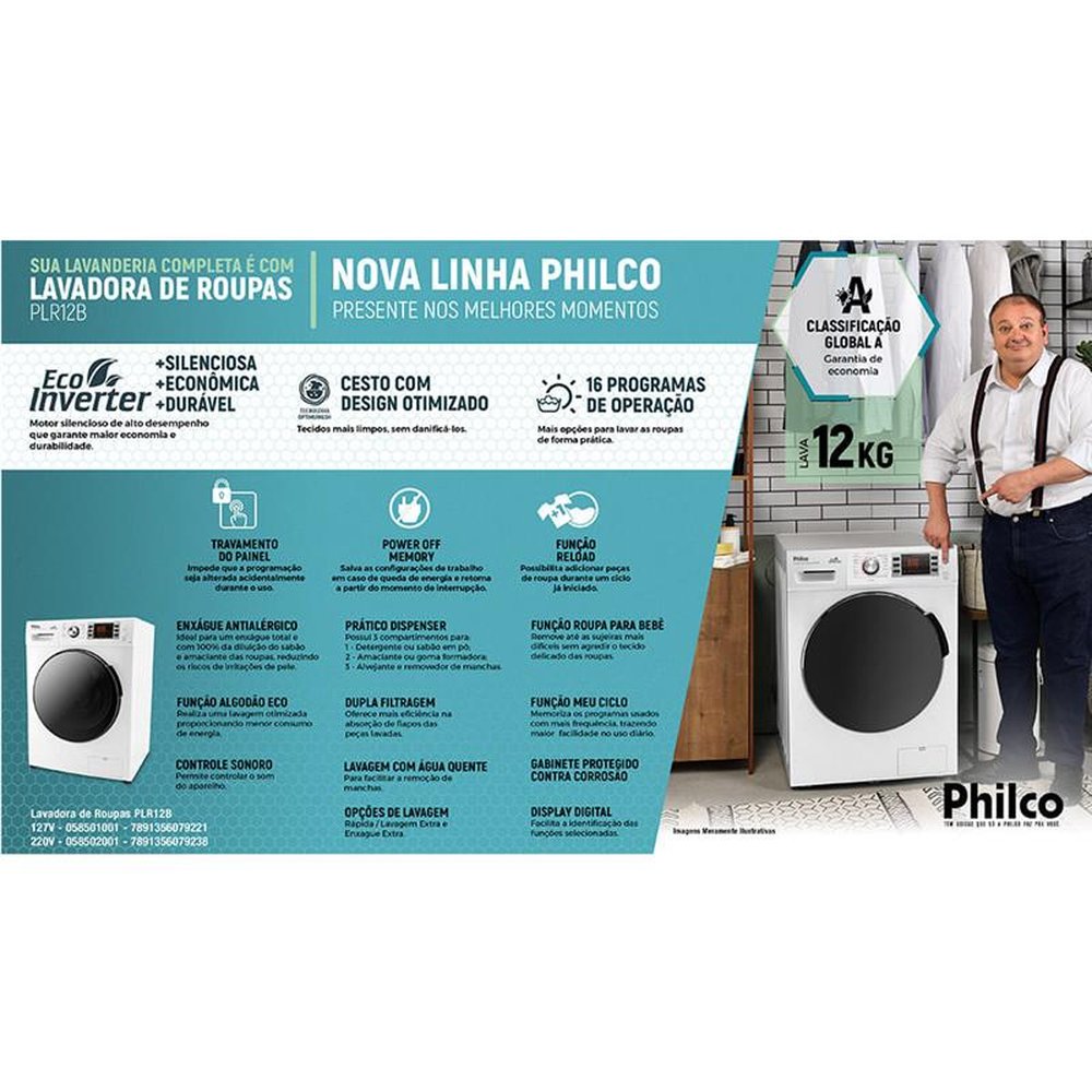 Lavadora de Roupas Philco Inverter 12Kg Branca PLR12B ¿ 220 Volts