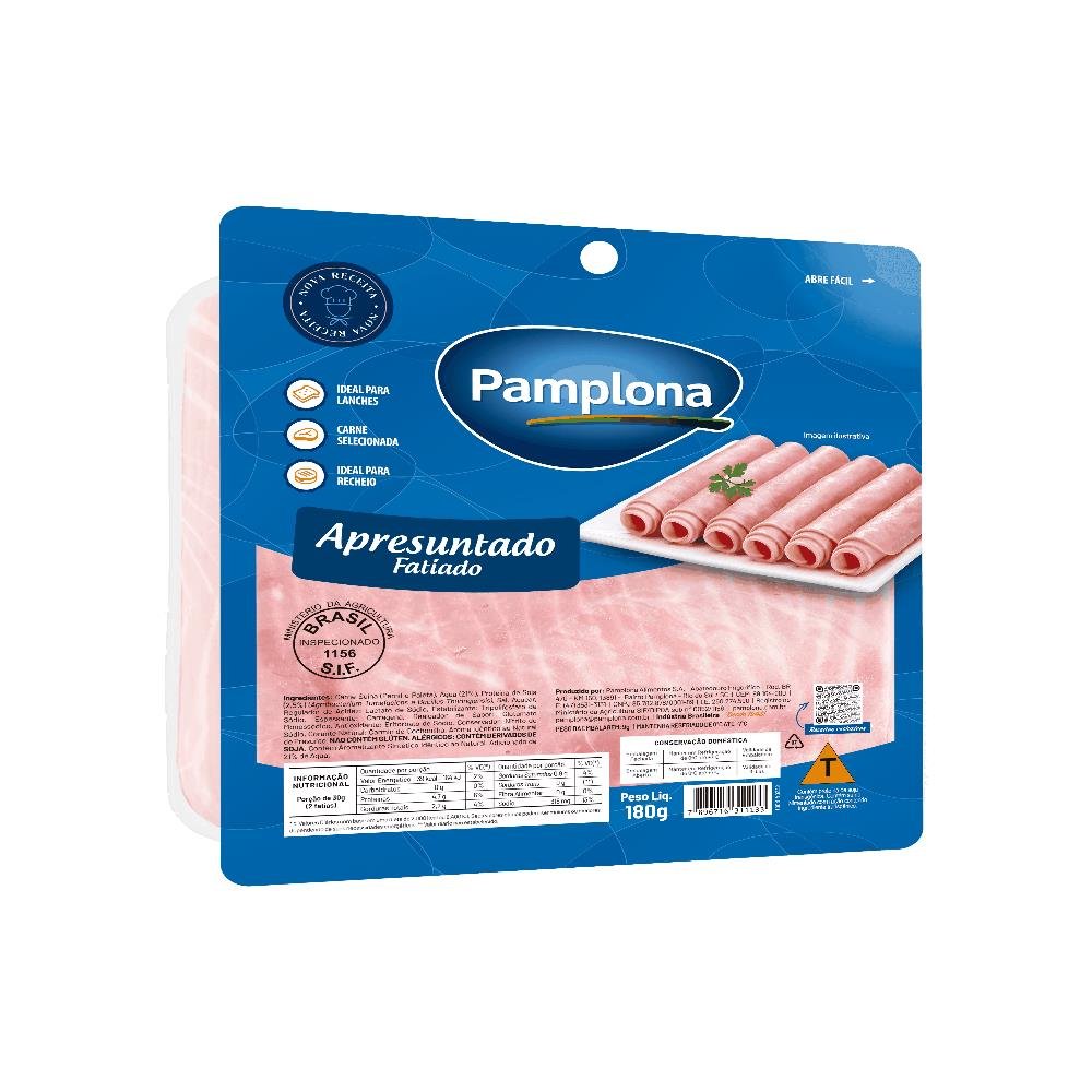 Apresuntado Cozido Fatiado 180g Pamplona - Embalagem com 12 und. - Peso 2,16kg