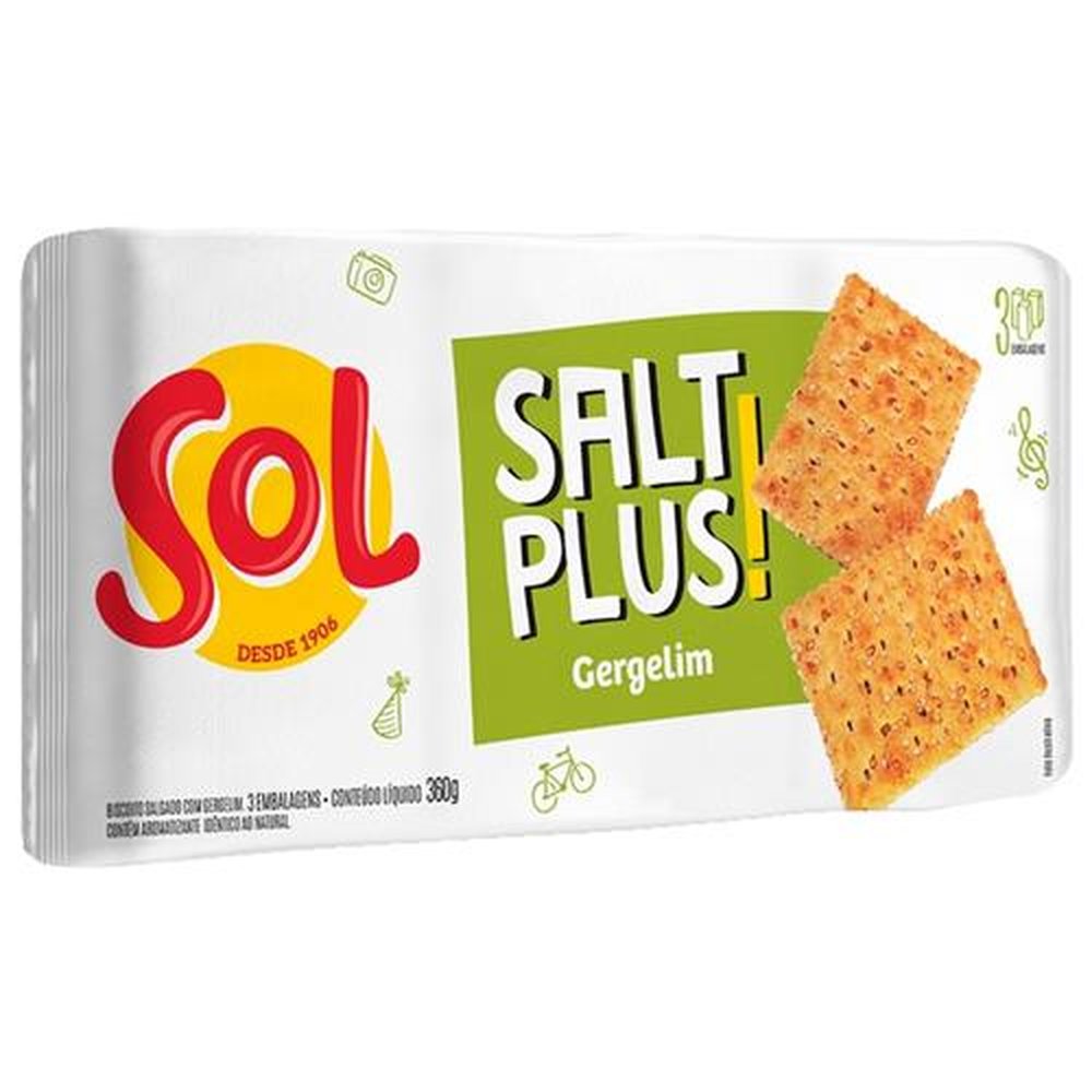 Biscoito Sol Salt Plus Gergelim 360g - Embalagem com 20 Unidades