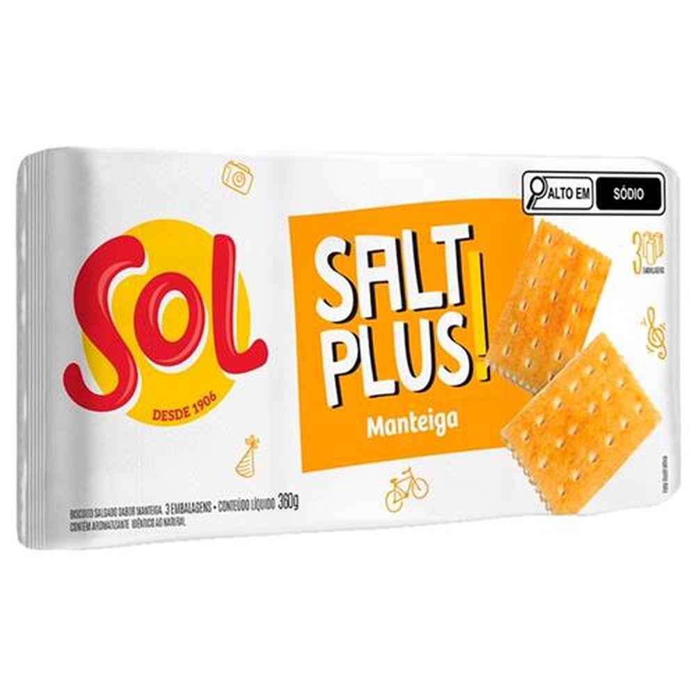 Biscoito Sol Salt Plus Manteiga 360g - Embalagem com 20 Unidades