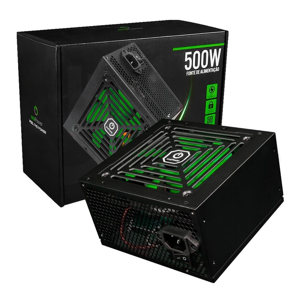 Fonte 500W One Power, ATX, Bivolt Automático, PFC Ativo, Preto e Verde, MP-500-OPASW