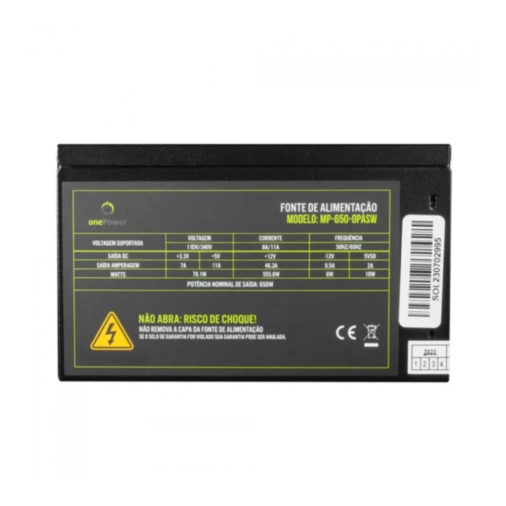 Fonte 650W One Power, ATX, Bivolt Automático, PFC Ativo, Preto e Verde, MP-650-OPASW