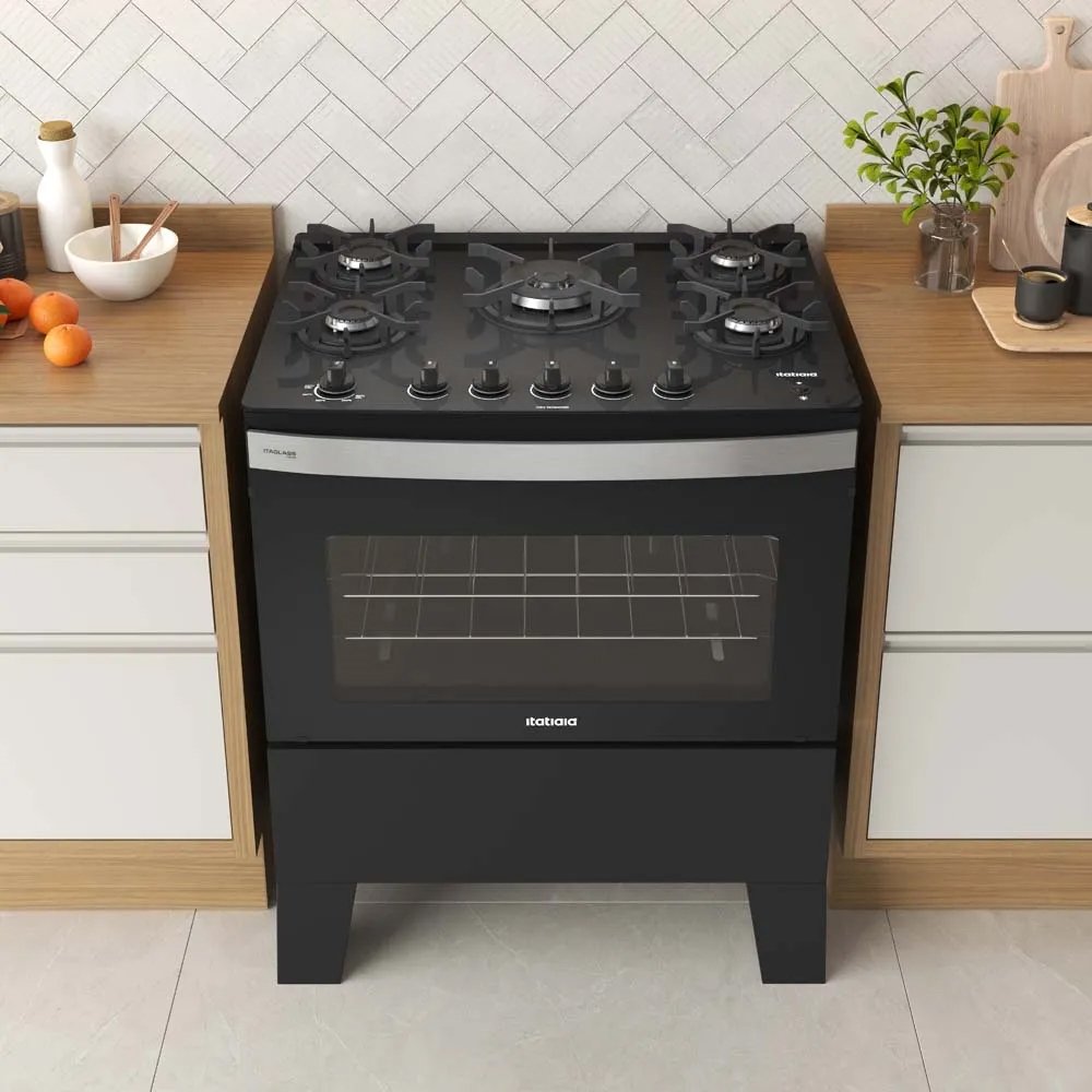 Fogão de Piso Itatiaia 5 Bocas Itaglass Plus | Mesa de Vidro, Acendimento Automático, Preto, Bivolt