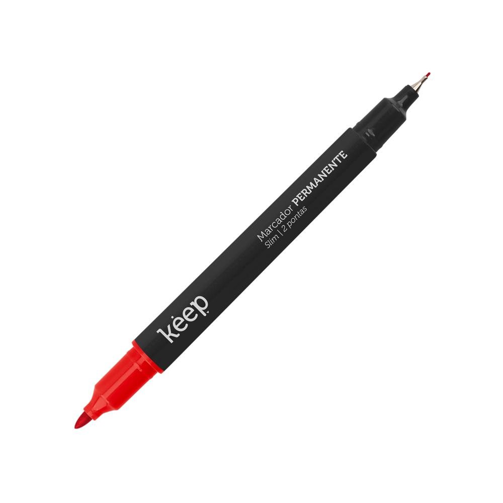 Caneta Marcador Permanente Duas Pontas Fina/Ultrafina 1mm/0.4mm Vermelho Caixa Com 12 Unidades Keep - MR071