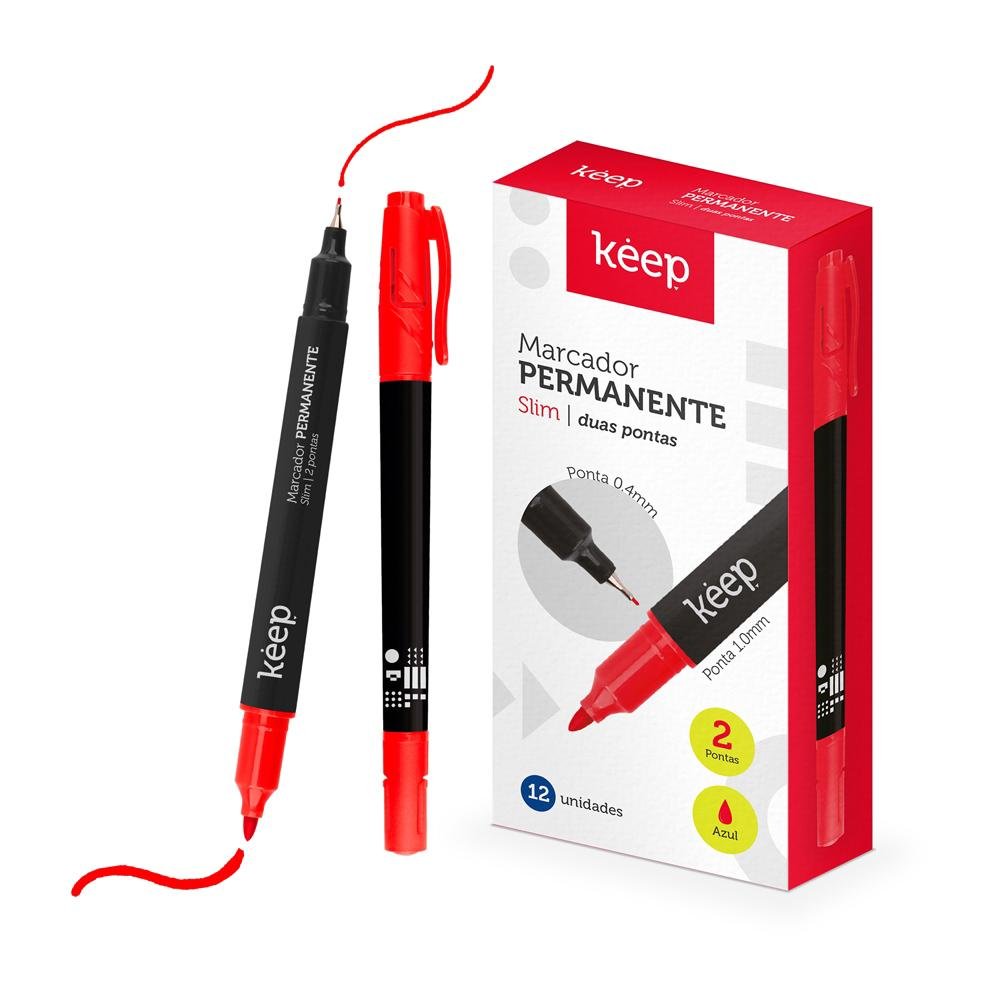 Caneta Marcador Permanente Duas Pontas Fina/Ultrafina 1mm/0.4mm Vermelho Caixa Com 12 Unidades Keep - MR071