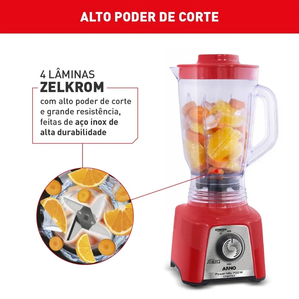 Liquidificador Arno Power Mix LQ34 - Copo de Plástico, 15 Velocidades + Pulsar, 700W, Vermelho, 220V