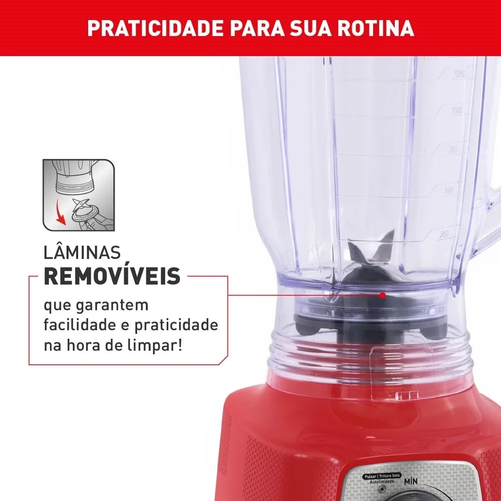 Liquidificador Arno Power Mix LQ34 - Copo de Plástico, 15 Velocidades + Pulsar, 700W, Vermelho, 220V