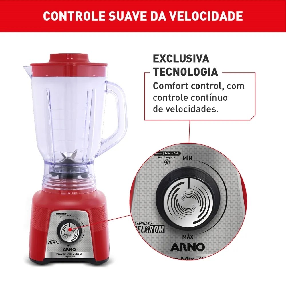 Liquidificador Arno Power Mix LQ34 - Copo de Plástico, 15 Velocidades + Pulsar, 700W, Vermelho, 220V