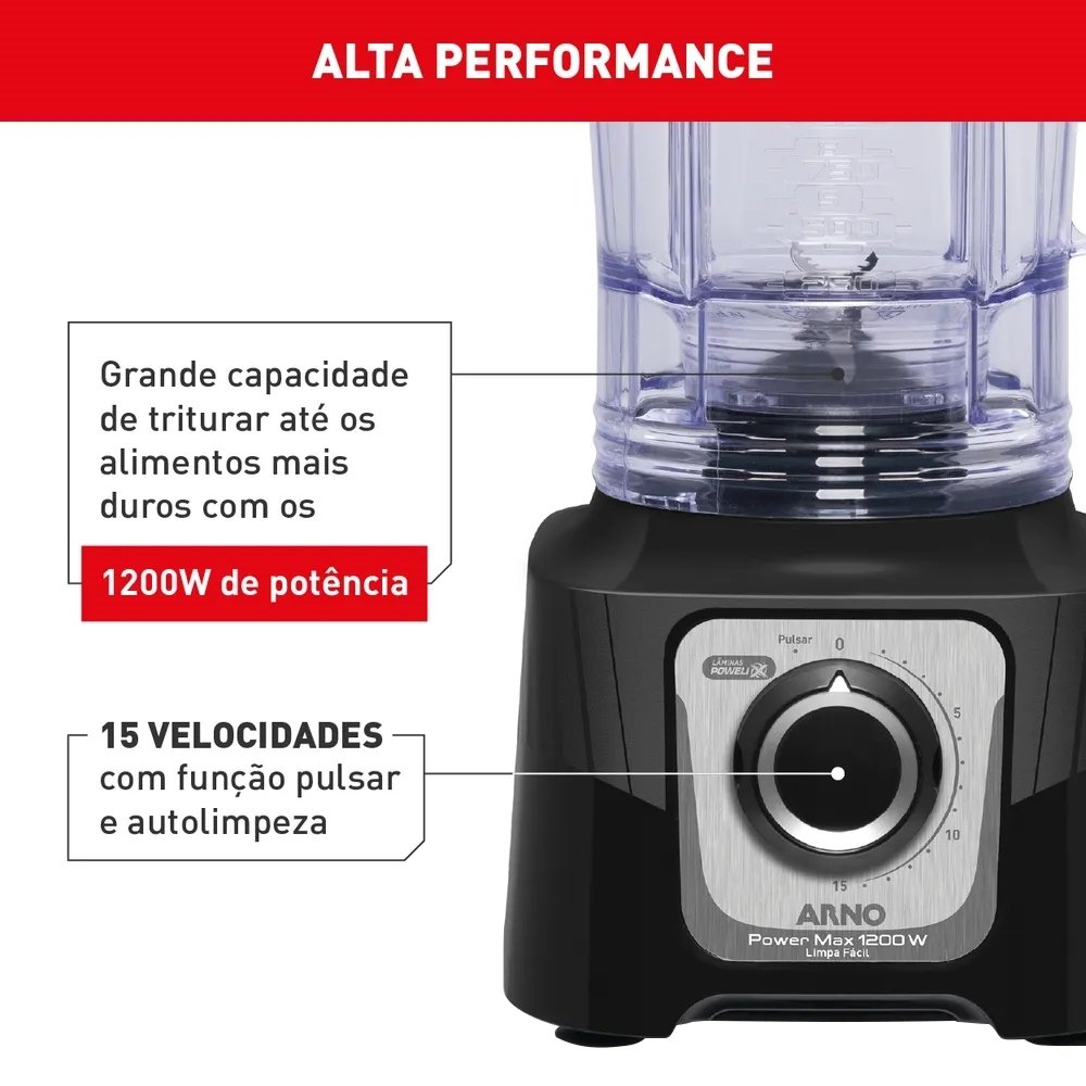 Liquidificador Arno LN78 Power Max - Copo SAN Cristal, 15 Velocidades + Pulsar, 1200W, Preto, 220V