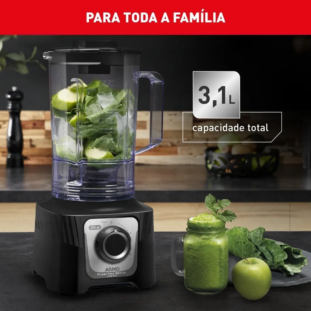 Liquidificador Arno LN78 Power Max - Copo SAN Cristal, 15 Velocidades + Pulsar, 1200W, Preto, 220V