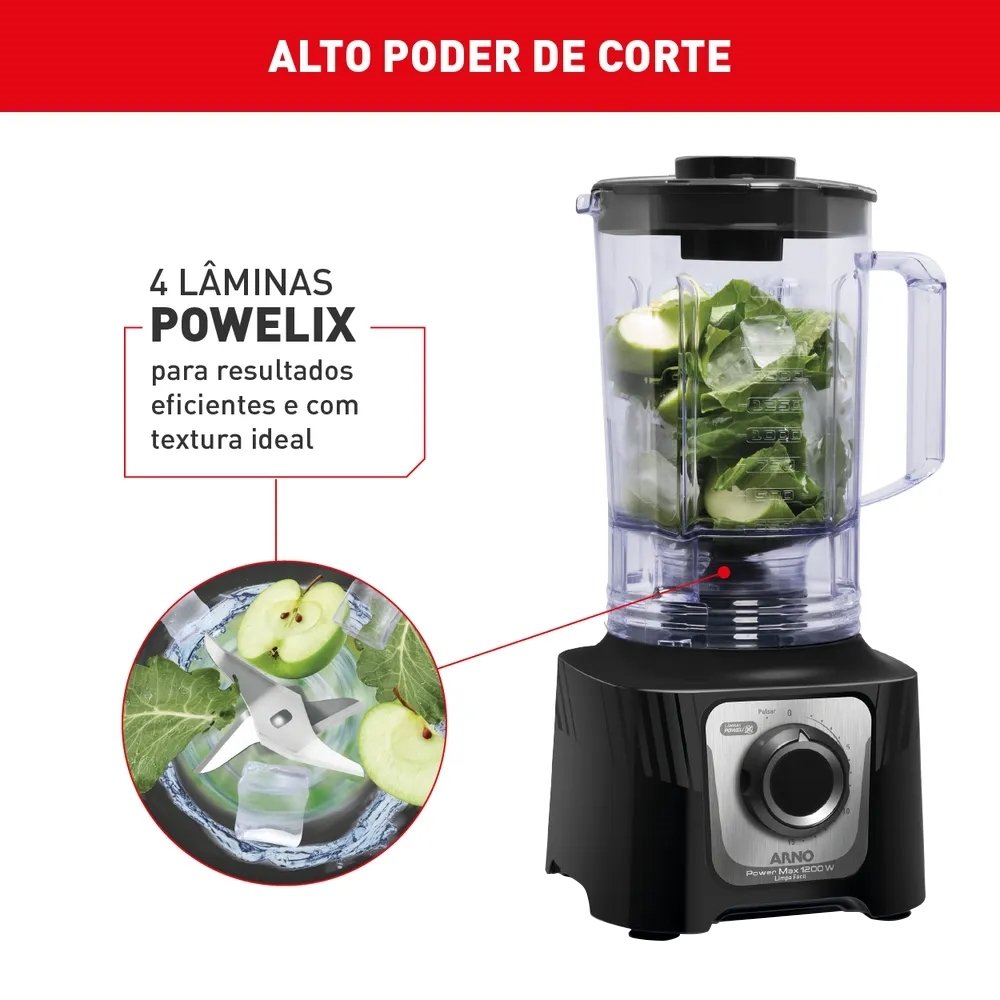 Liquidificador Arno LN78 Power Max - Copo SAN Cristal, 15 Velocidades + Pulsar, 1200W, Preto, 220V