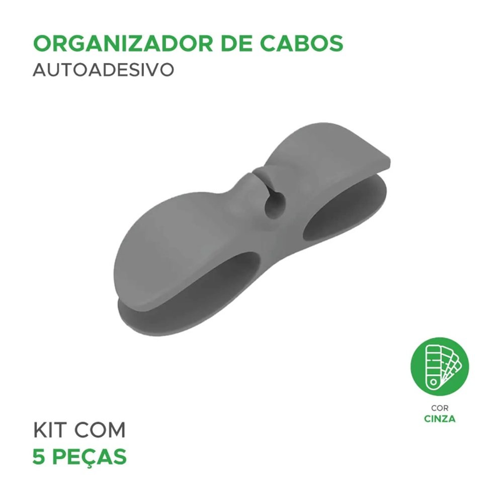 Organizador Enrolador De Fios E Cabos Em Abs Com Adesivo Cinza - 5 Unidades