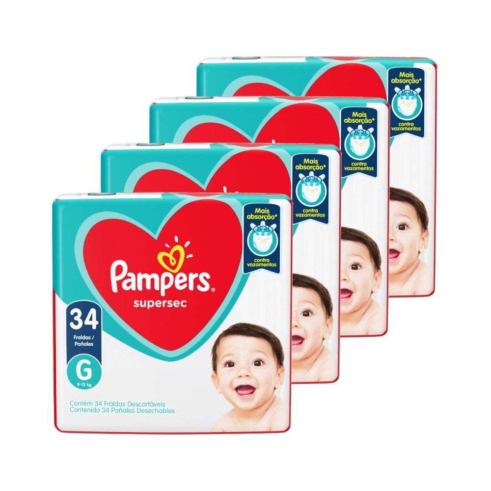 Fralda Descartável Pampers Supersec Tamanho G - 4 Pacotes com 34 Fraldas - Total 136 Tiras