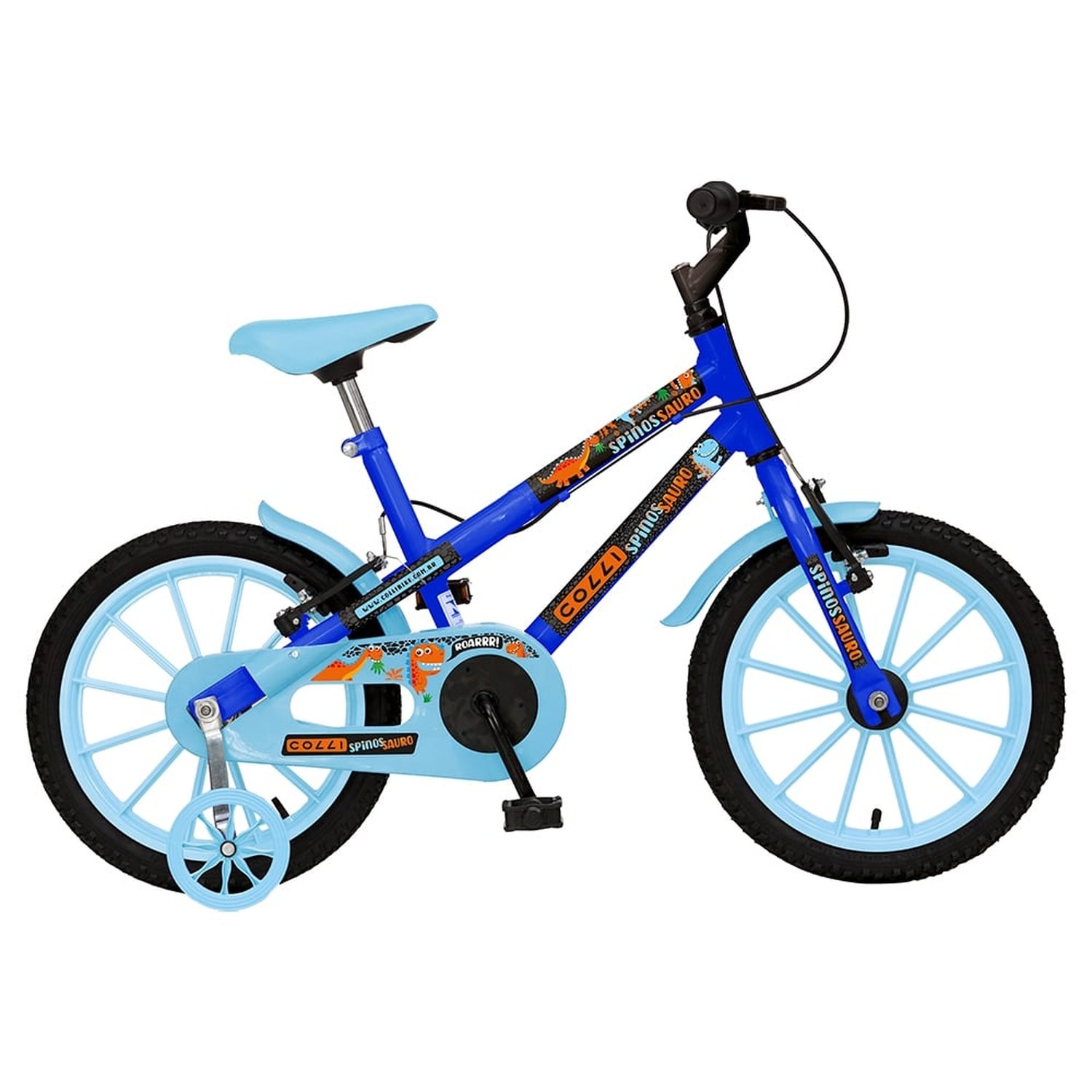 Bicicleta Infantil Colli Spinossauro Aventuras Aro 16 - Quadro Dupla Suspensão, Tamanho 12, Freio V-Break, Azul