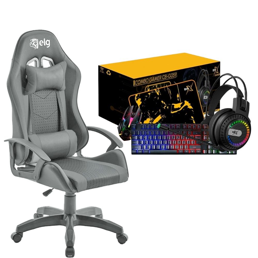 Combo Cadeira Gamer ELG SYRAX CH36BK Preta + Teclado, Mouse, Mouse Pad e Headfone