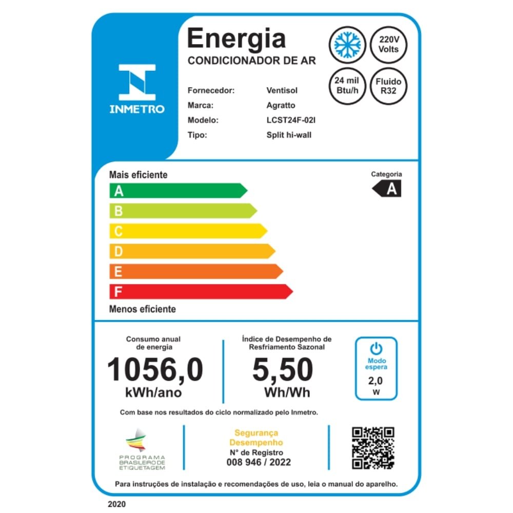 Ar Condicionado Split 24.000 BTUs Agratto LCST24F Liv Top - Inverter, Ciclo Frio, Branco, 220V